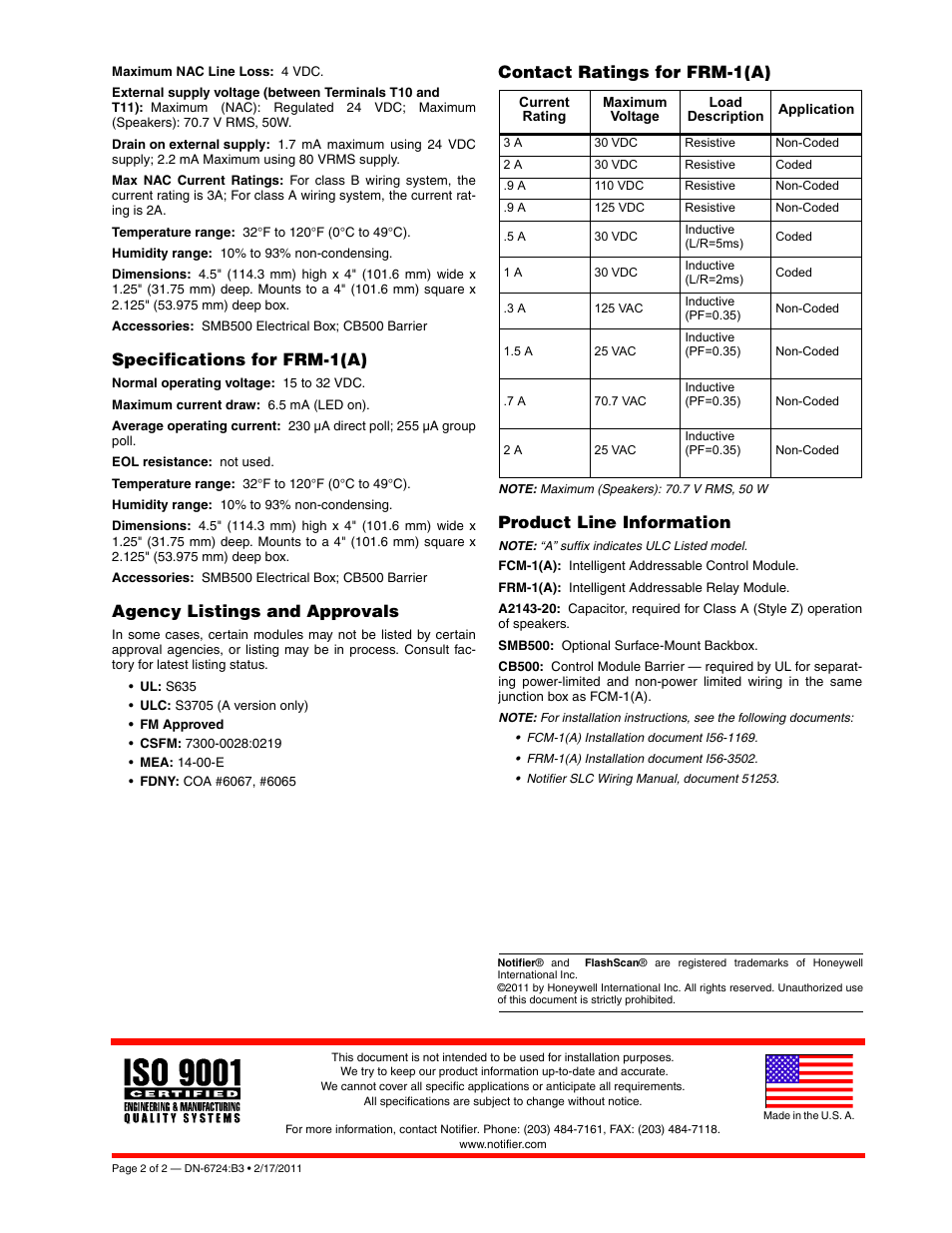 Specifications for frm-1(a), Agency listings and approvals, Contact ratings for frm-1(a) | Product line information | Notifier FRM User Manual | Page 2 / 2