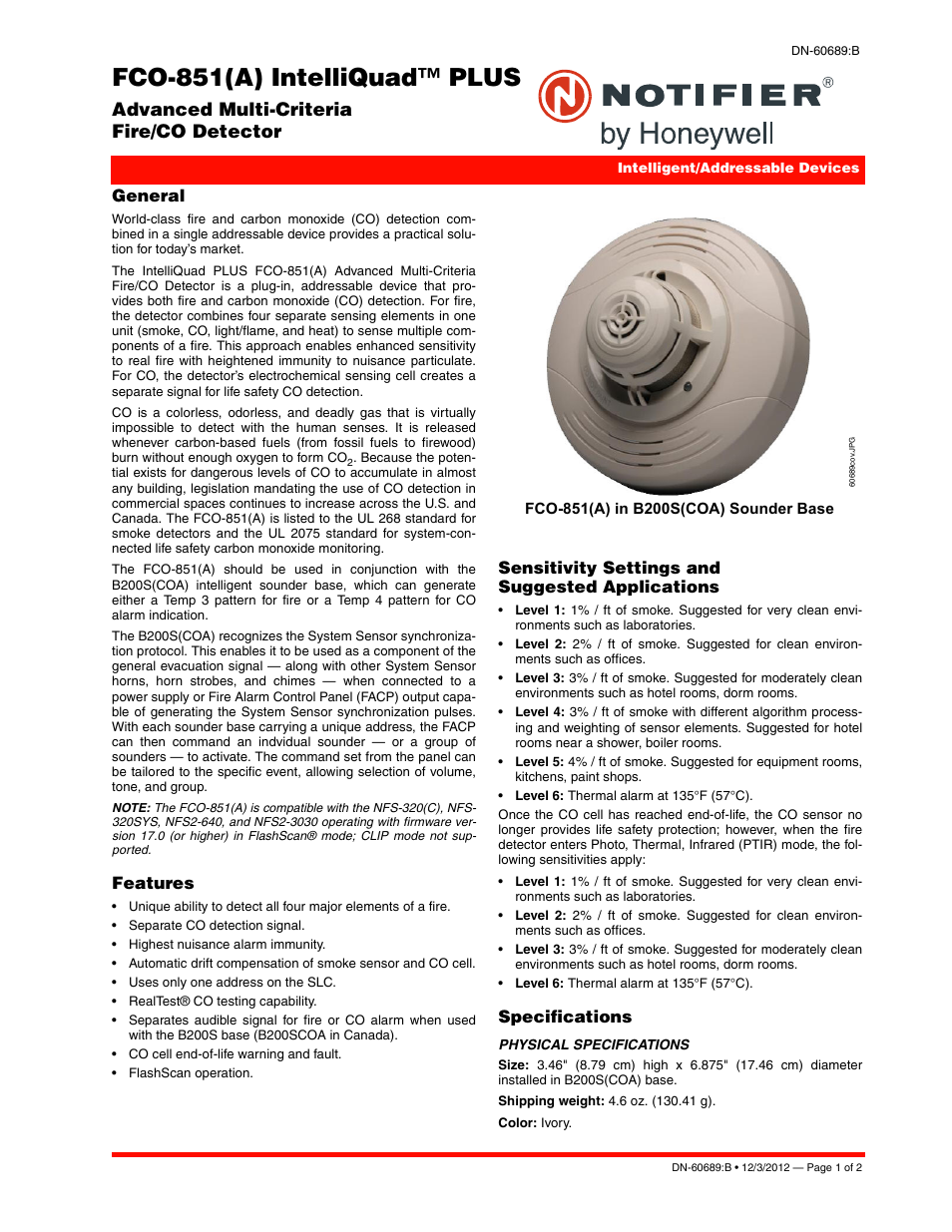 Notifier FCO-851 User Manual | 2 pages