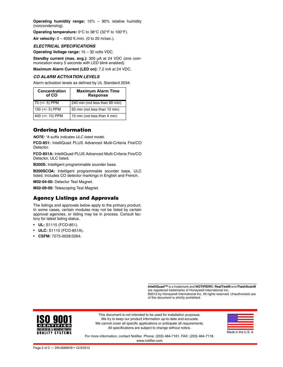 Ordering information, Agency listings and approvals | Notifier FCO-851 User Manual | Page 2 / 2