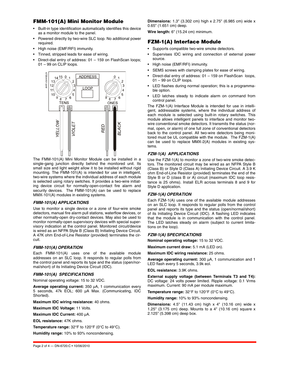 Fmm-101(a) mini monitor module, Fzm-1(a) interface module | Notifier FZM User Manual | Page 2 / 4