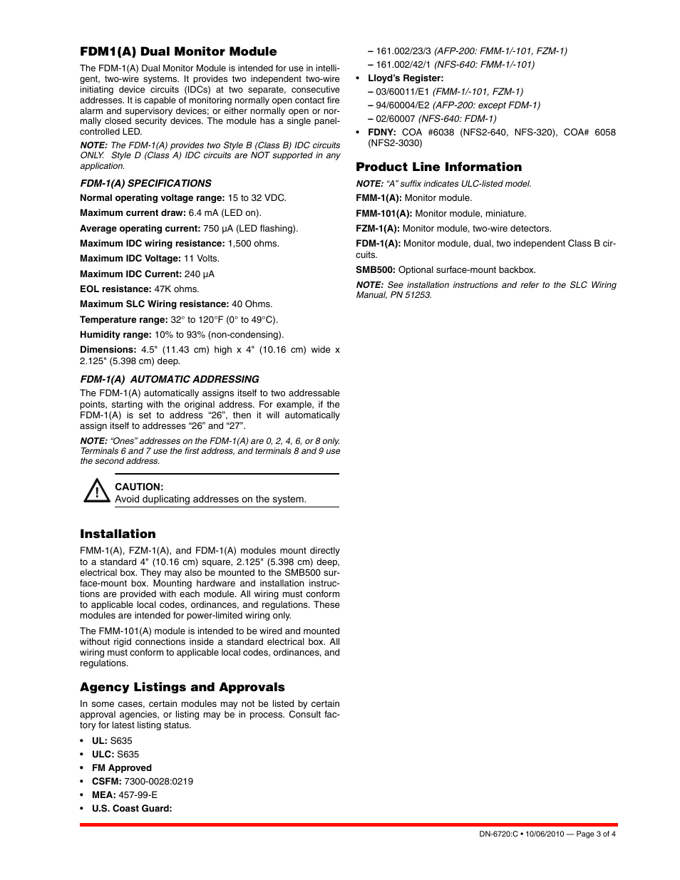 Fdm1(a) dual monitor module, Installation, Agency listings and approvals | Product line information | Notifier FZM User Manual | Page 3 / 4