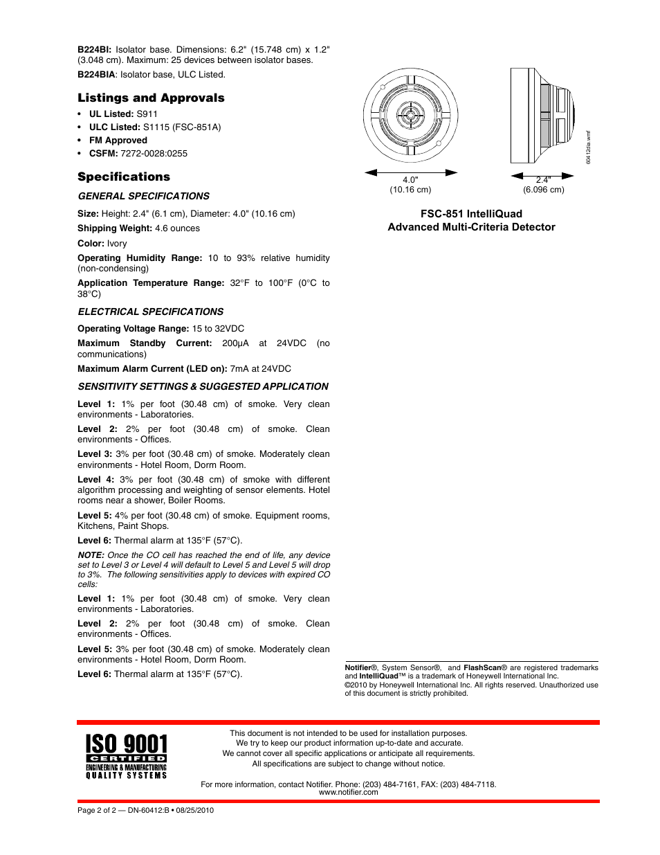 Listings and approvals, Specifications | Notifier FSC-851 User Manual | Page 2 / 2