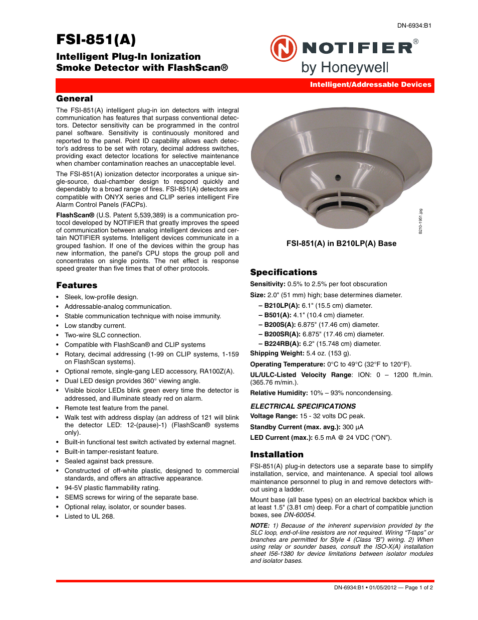 Notifier FSI-851 User Manual | 2 pages