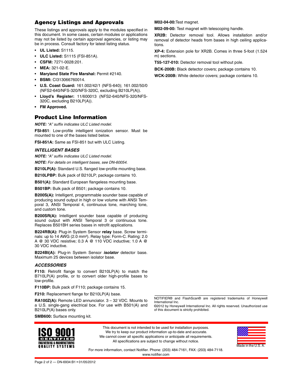 Agency listings and approvals, Product line information | Notifier FSI-851 User Manual | Page 2 / 2