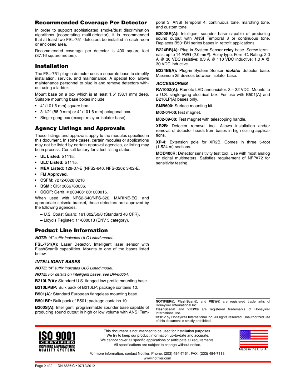 Recommended coverage per detector, Installation, Agency listings and approvals | Product line information | Notifier FSL-751 User Manual | Page 2 / 2