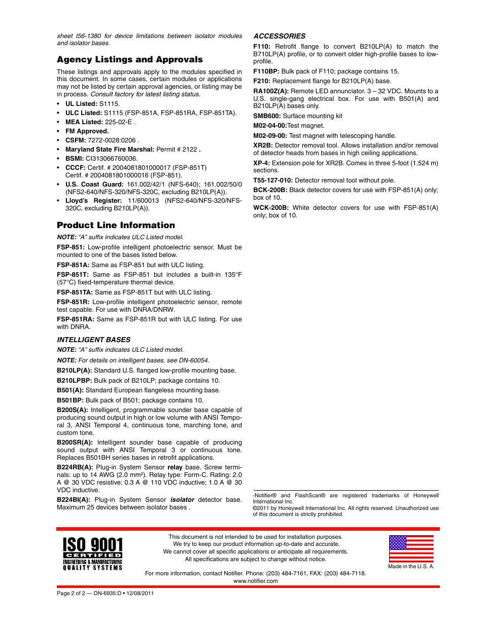 Agency listings and approvals, Product line information | Notifier FSP-851R User Manual | Page 2 / 2