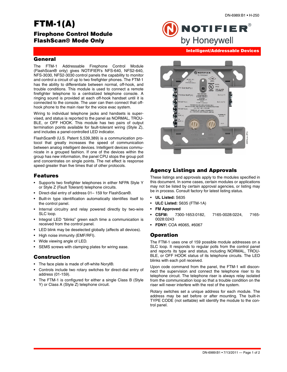 Notifier FTM-1(A) User Manual | 2 pages