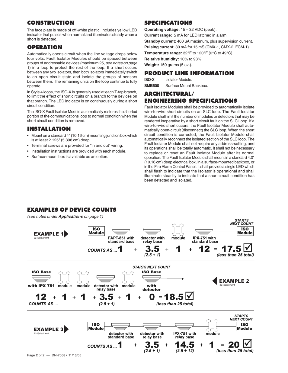 Construction, Operation, Installation | Specifications, Product line information, Architectural/ engineering specifications, Examples of device counts | Notifier ISO-X User Manual | Page 2 / 2