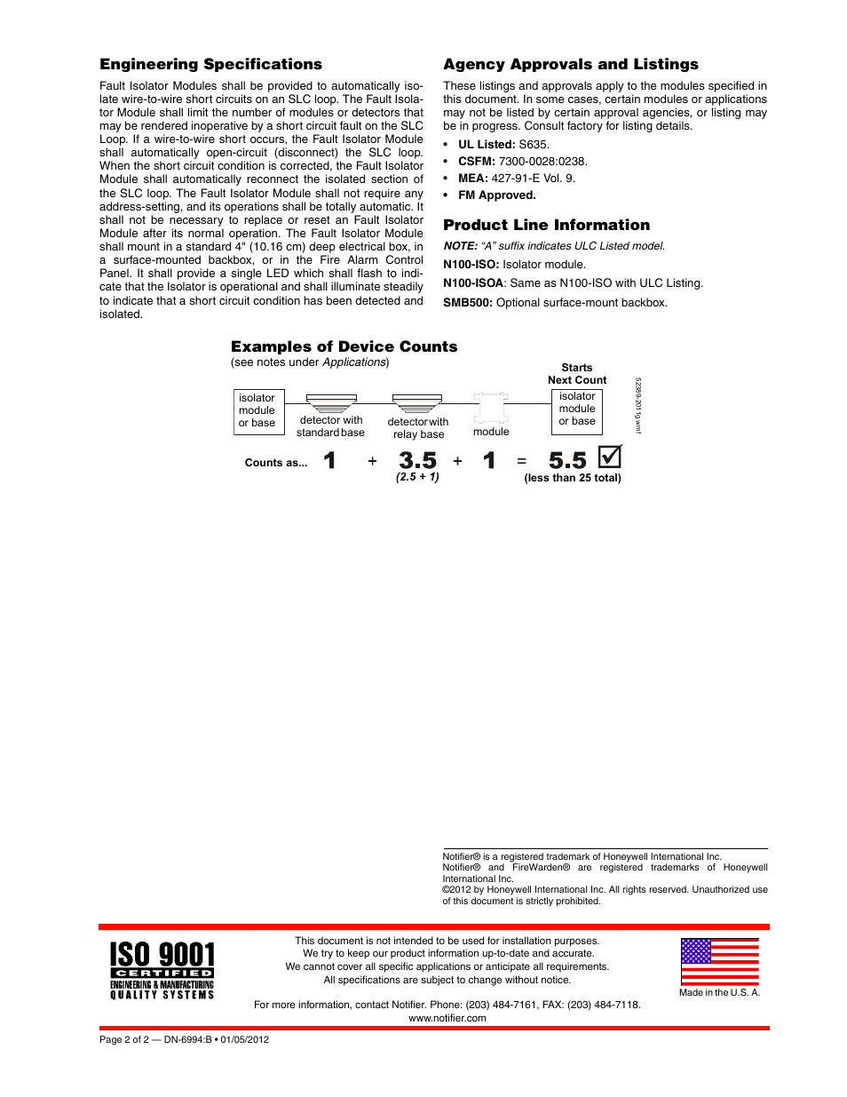 Engineering specifications, Agency approvals and listings, Product line information | Examples of device counts | Notifier N100-ISO User Manual | Page 2 / 2