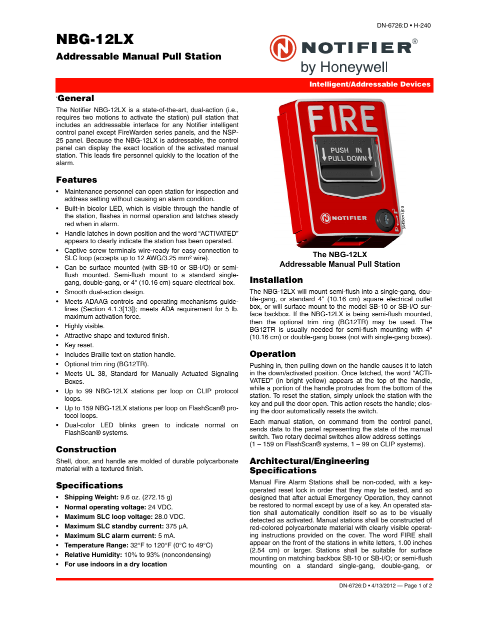 Notifier NBG-12LX User Manual | 2 pages