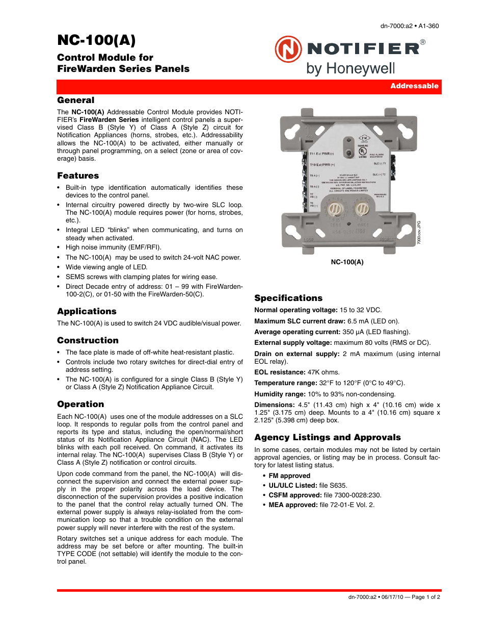 Notifier NC-100(R) User Manual | 2 pages