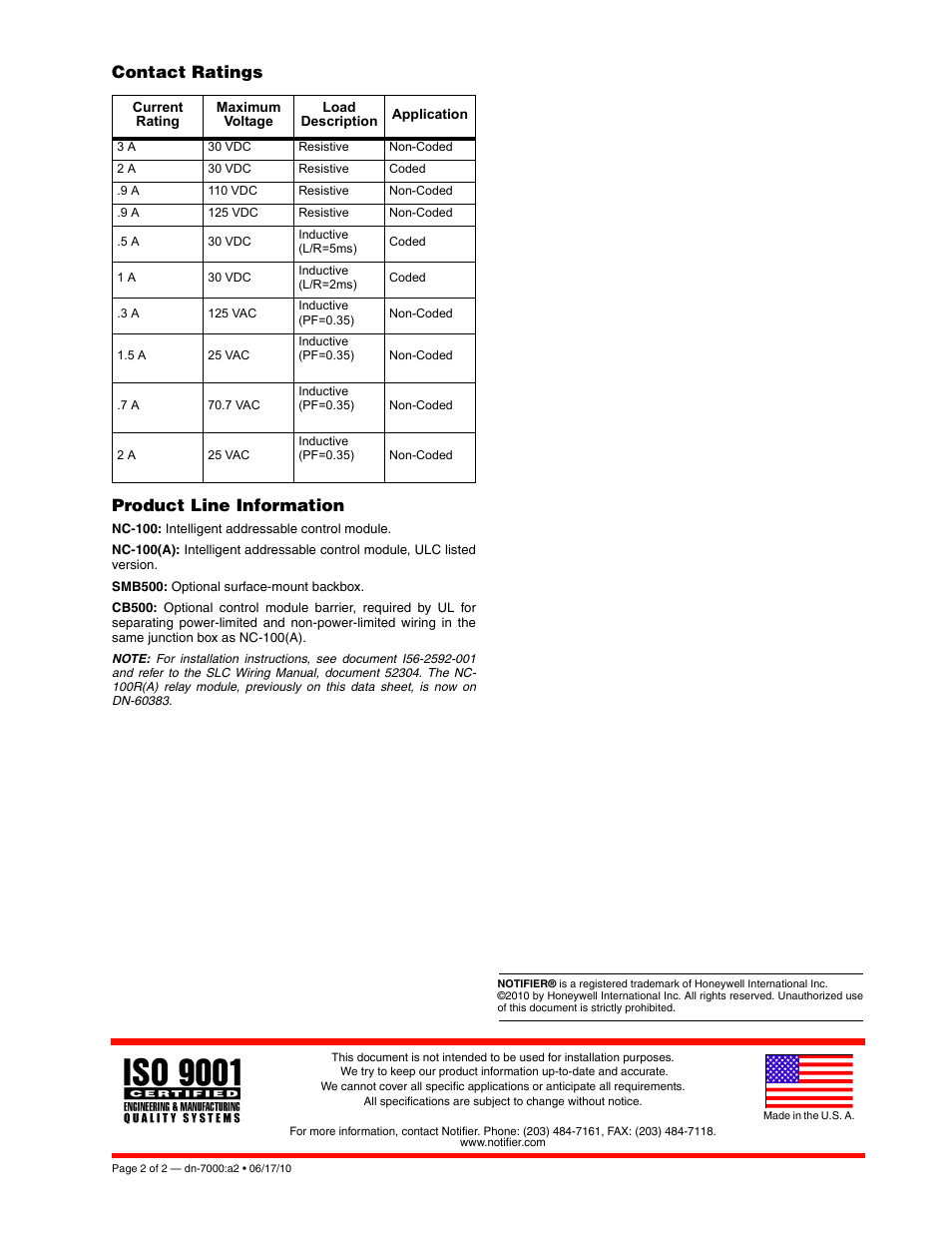 Contact ratings product line information | Notifier NC-100(R) User Manual | Page 2 / 2