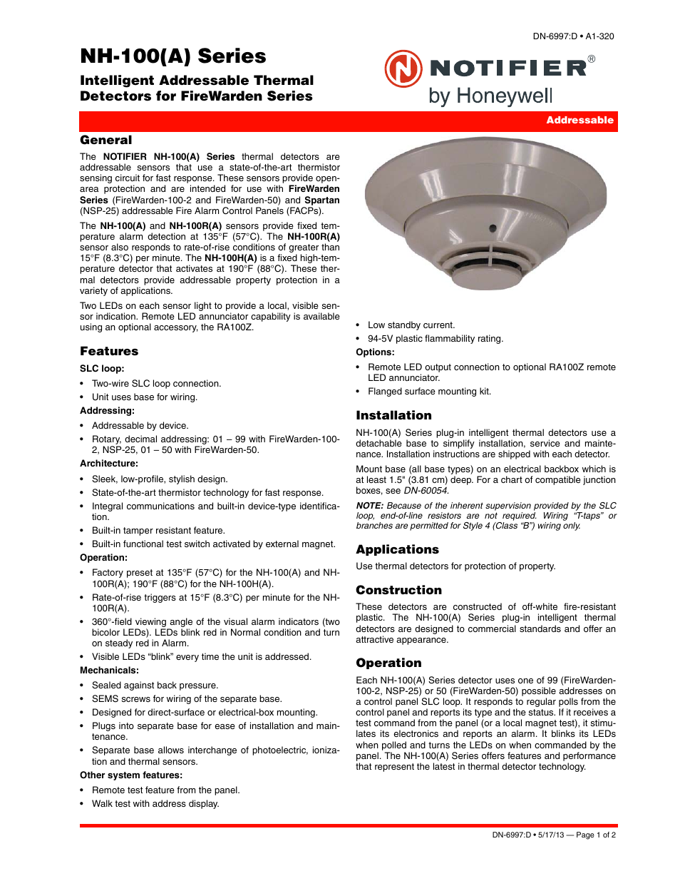 Notifier NH-100 User Manual | 2 pages