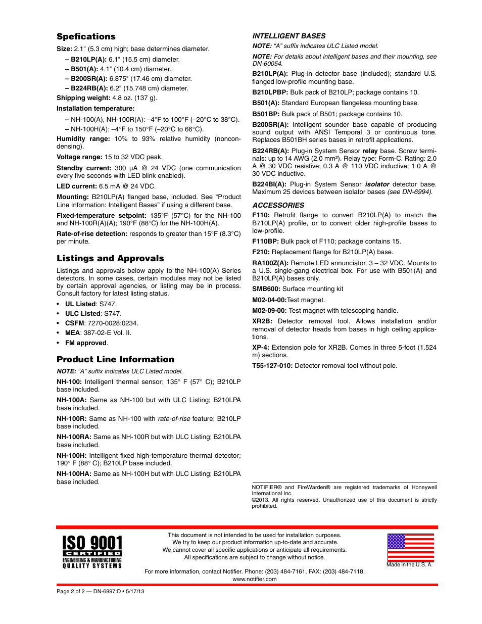Spefications, Listings and approvals, Product line information | Notifier NH-100 User Manual | Page 2 / 2