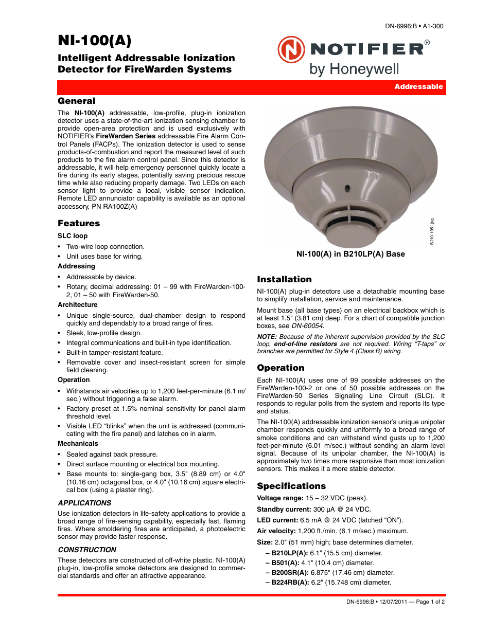 Notifier NI-100(A) User Manual | 2 pages