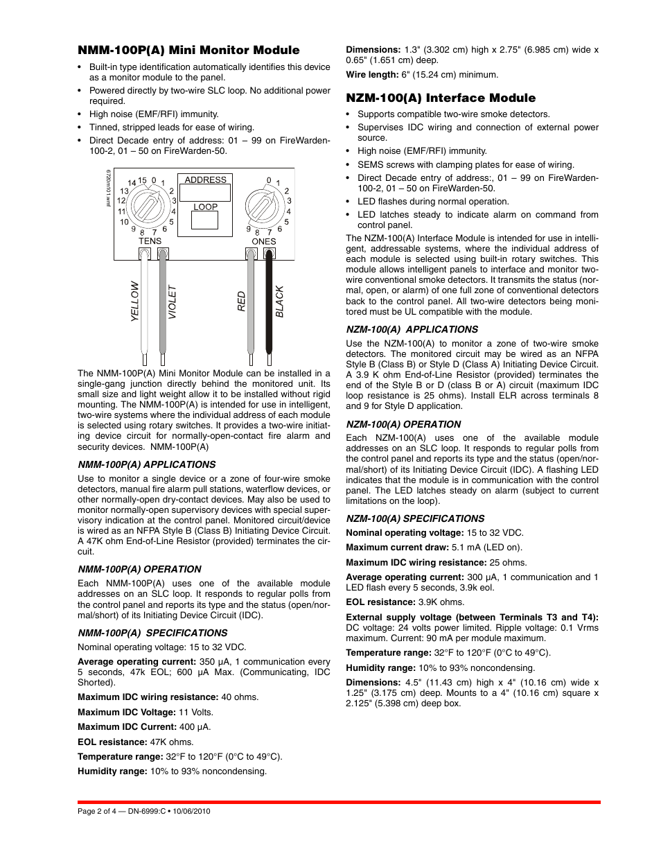Nmm-100p(a) mini monitor module, Nzm-100(a) interface module | Notifier NDM-100(P) User Manual | Page 2 / 4