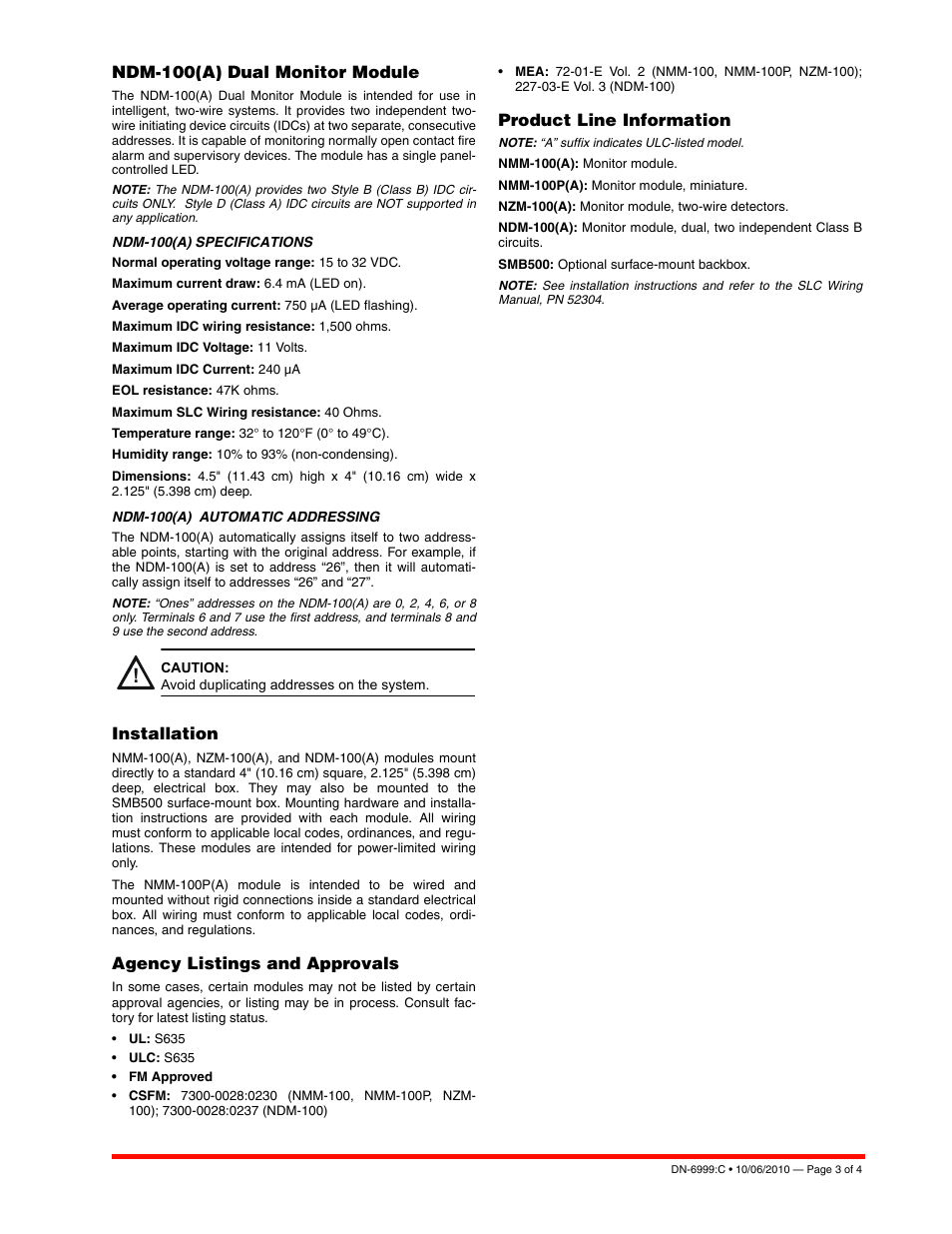 Ndm-100(a) dual monitor module, Installation, Agency listings and approvals | Product line information | Notifier NDM-100(P) User Manual | Page 3 / 4