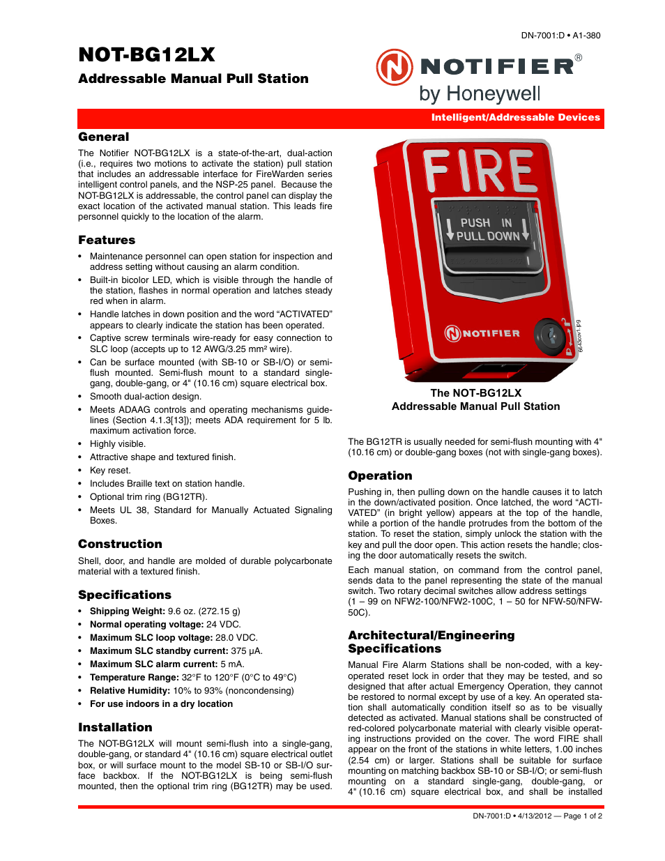Notifier NOT-BG12LX User Manual | 2 pages