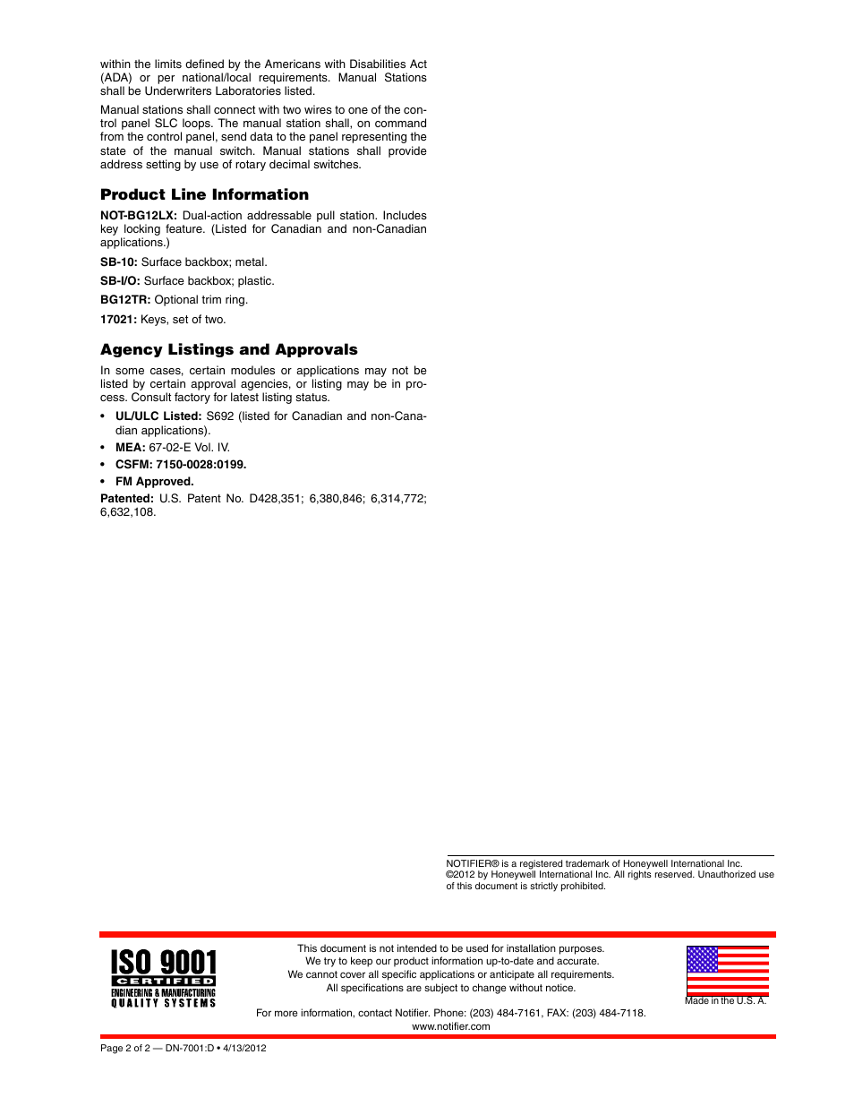 Product line information, Agency listings and approvals | Notifier NOT-BG12LX User Manual | Page 2 / 2