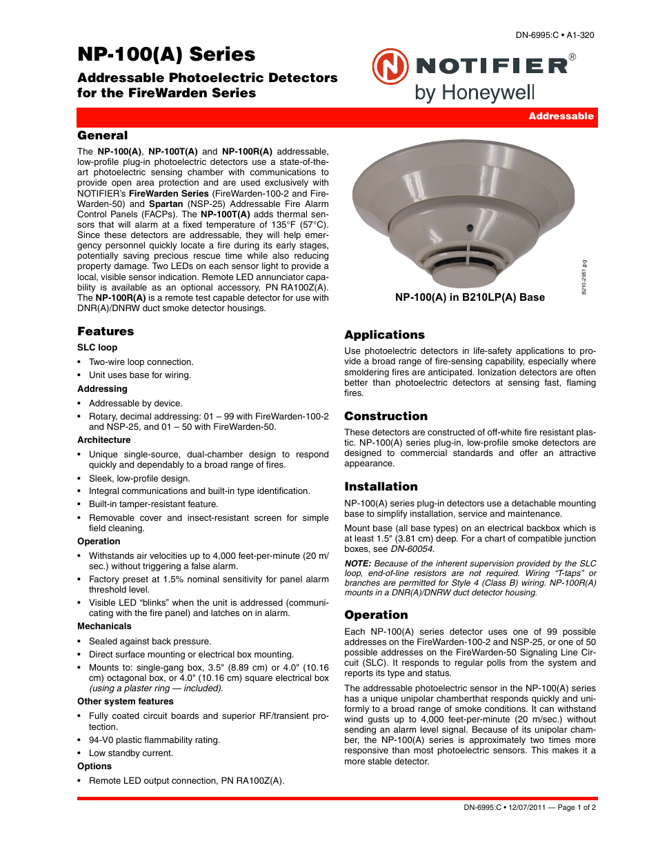 Notifier NP-100(T)(A) User Manual | 2 pages