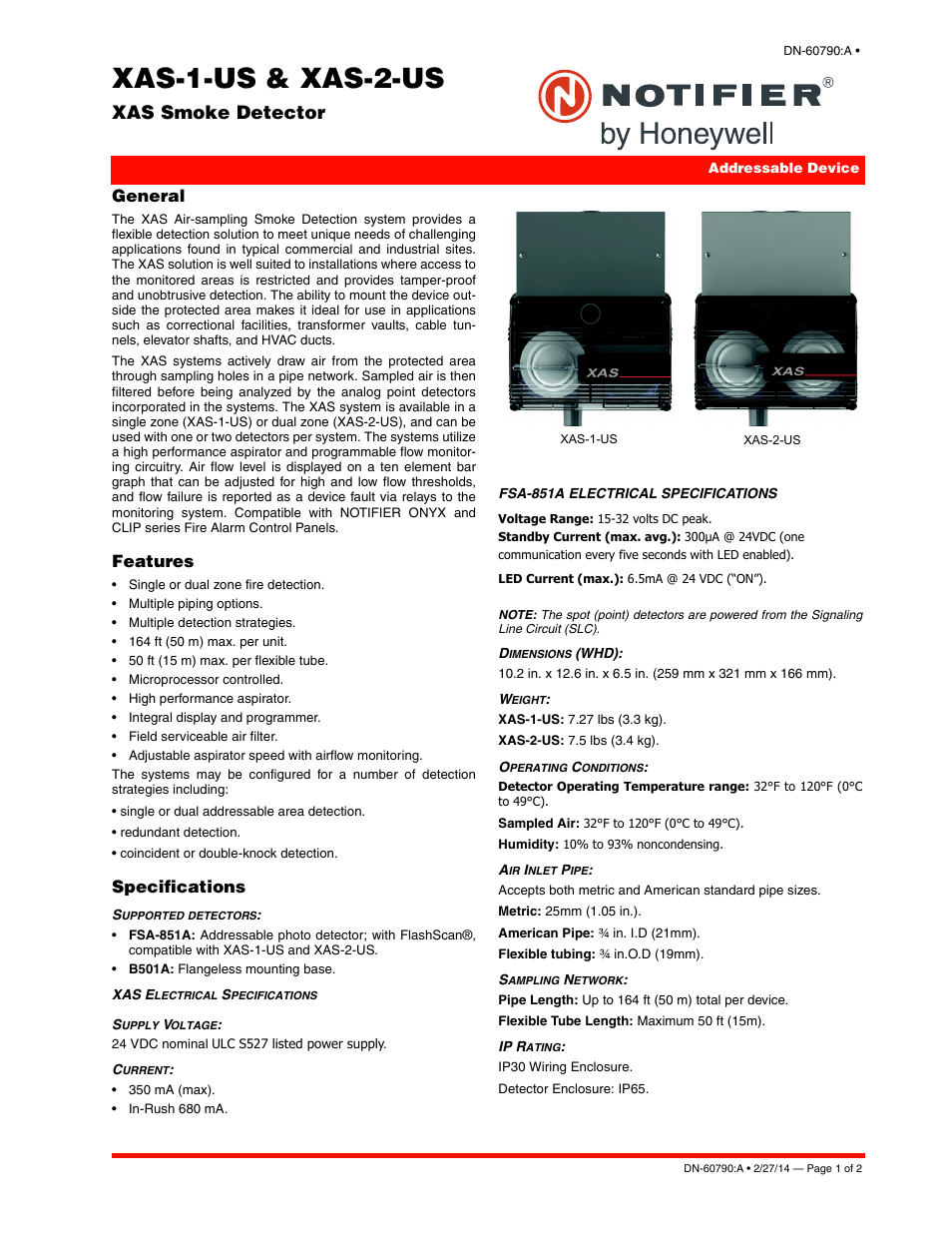 Notifier XAS-2-US User Manual | 2 pages