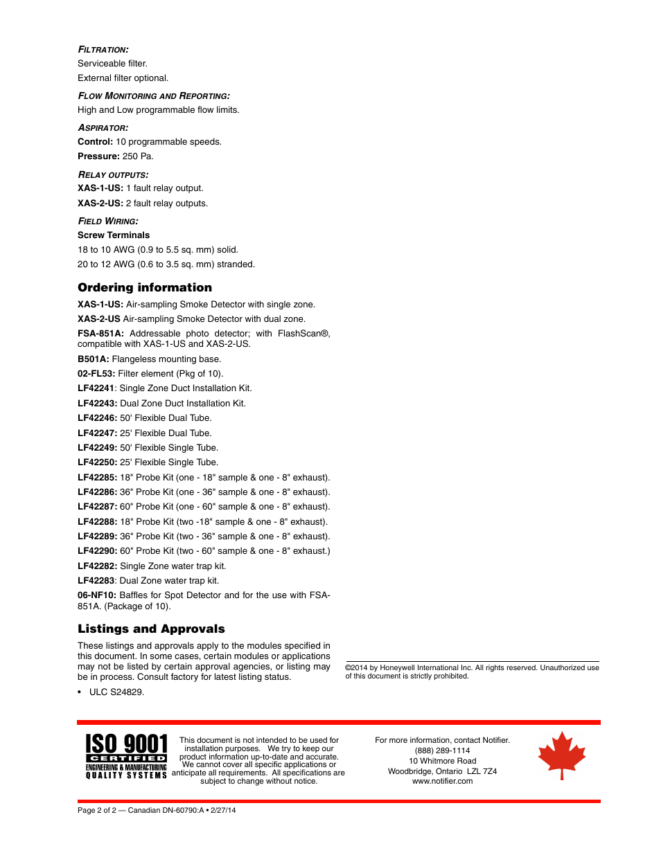 Ordering information, Listings and approvals | Notifier XAS-2-US User Manual | Page 2 / 2
