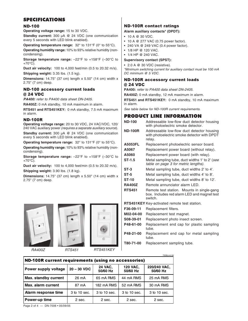 Specifications, Product line information | Notifier ND-100R User Manual | Page 2 / 4