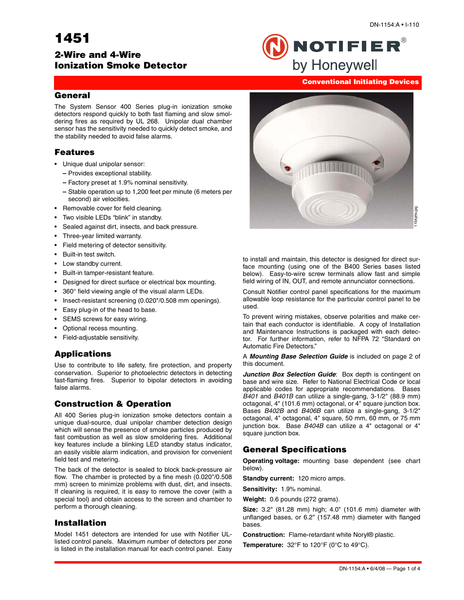 Notifier 1451 4-Wire User Manual | 4 pages
