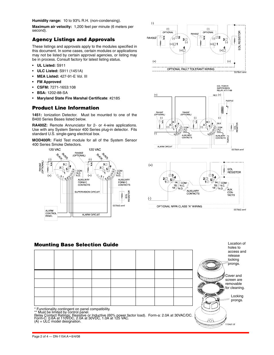 Agency listings and approvals, Product line information, Mounting base selection guide | Notifier 1451 4-Wire User Manual | Page 2 / 4