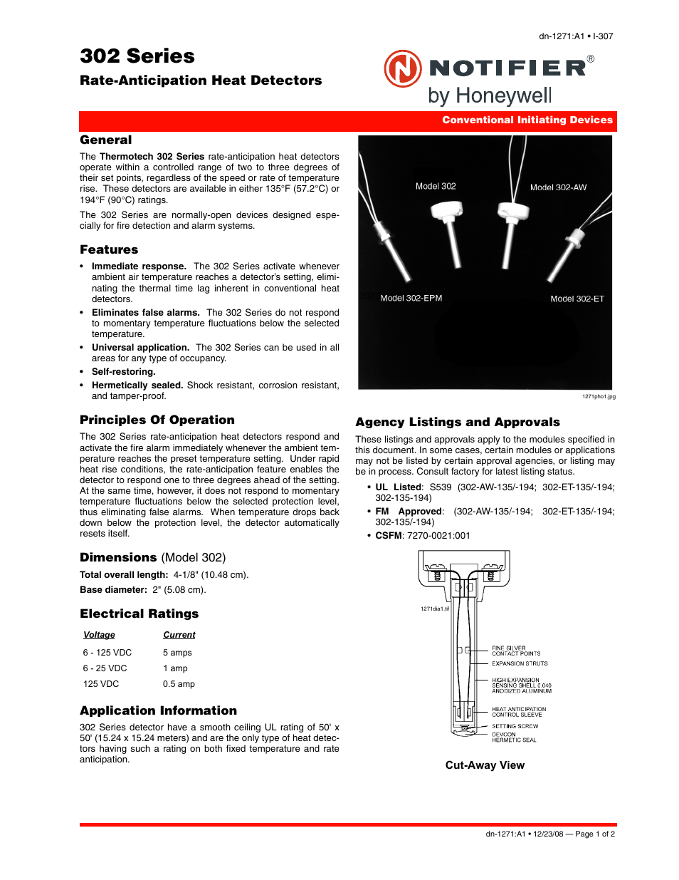 302 series, Rate-anticipation heat detectors, General | Features, Principles of operation, Dimensions (model 302), Electrical ratings application information, Agency listings and approvals | Notifier 302 Series User Manual | Page 7 / 10