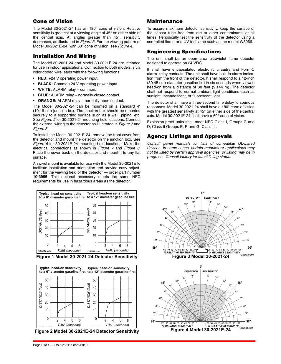 Cone of vision, Installation and wiring, Maintenance | Engineering specifications, Agency listings and approvals | Notifier 30-2021E-24 User Manual | Page 2 / 4