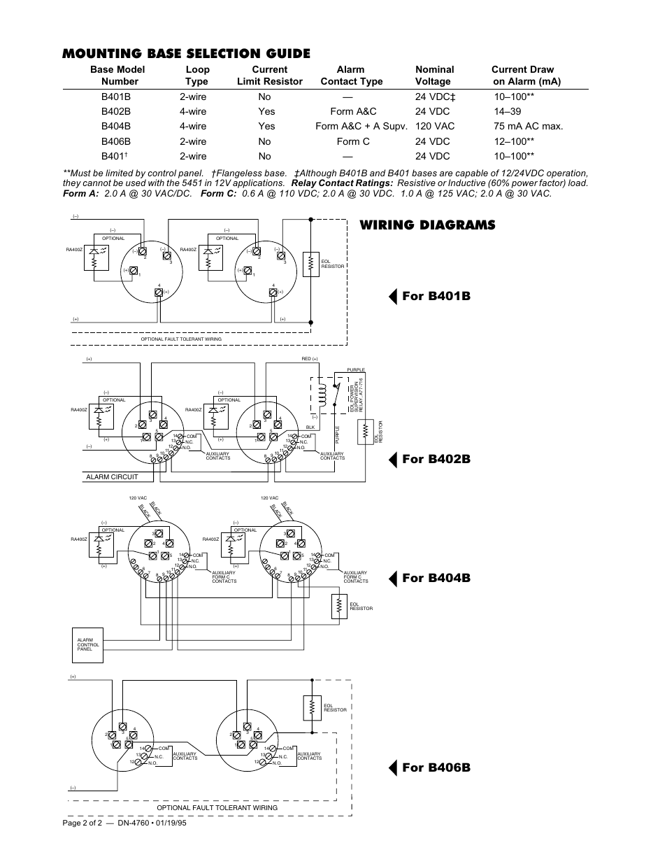 Mounting base selection guide, Wiring diagrams | Notifier 5451 User Manual | Page 2 / 2