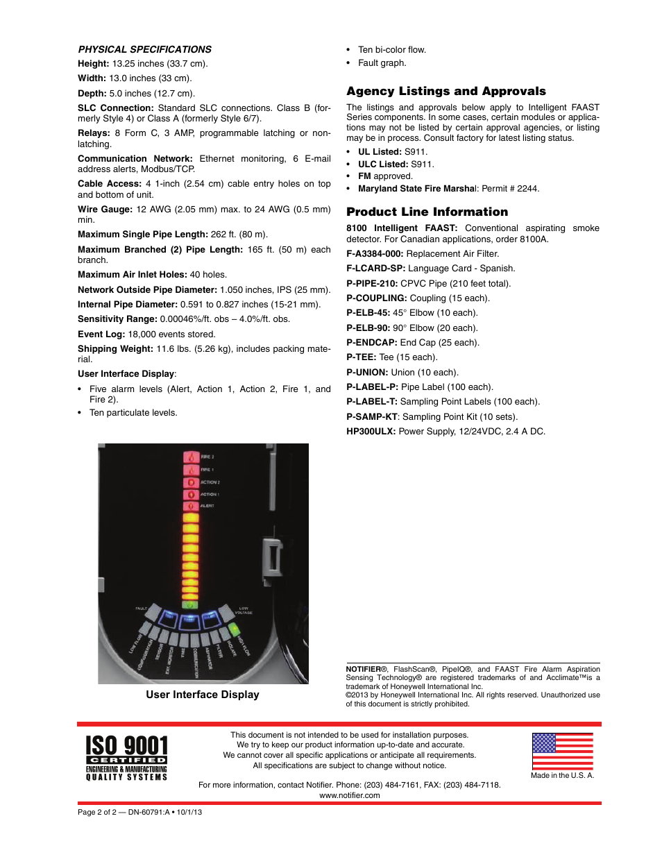 Agency listings and approvals, Product line information | Notifier 8100(A) User Manual | Page 2 / 2