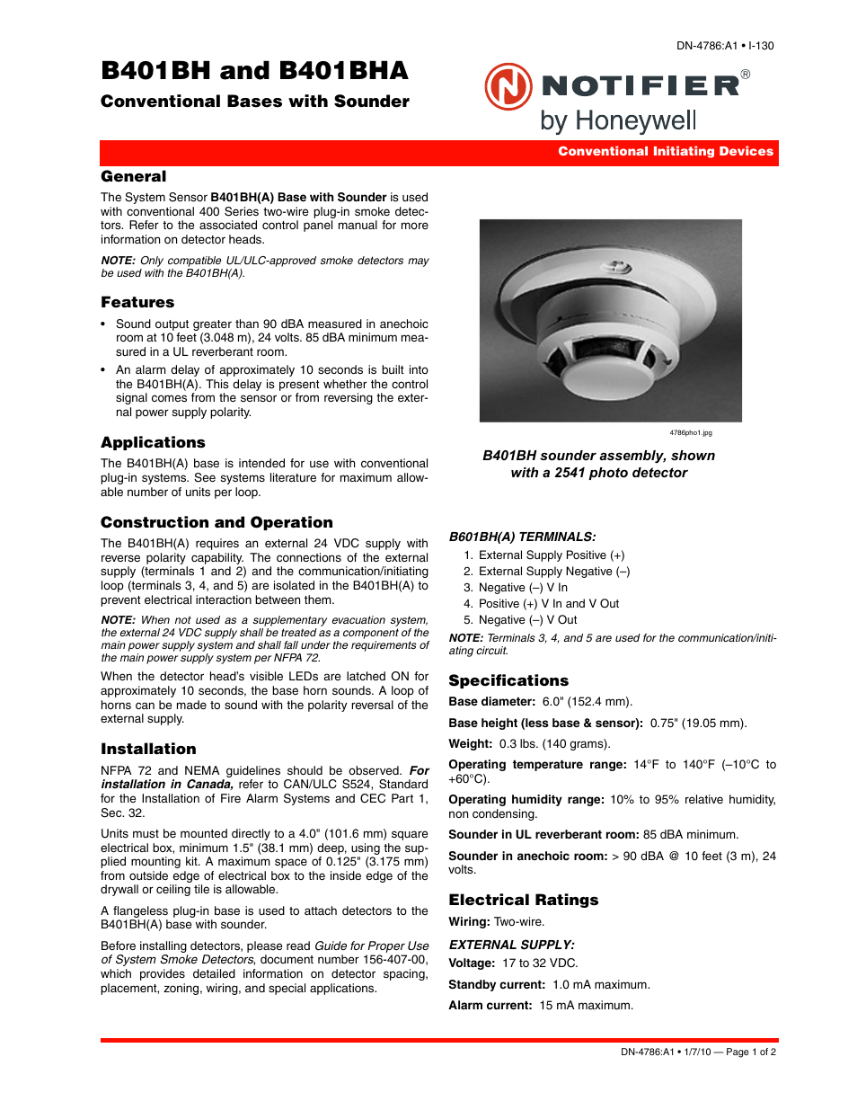 Notifier B401BHA User Manual | 2 pages