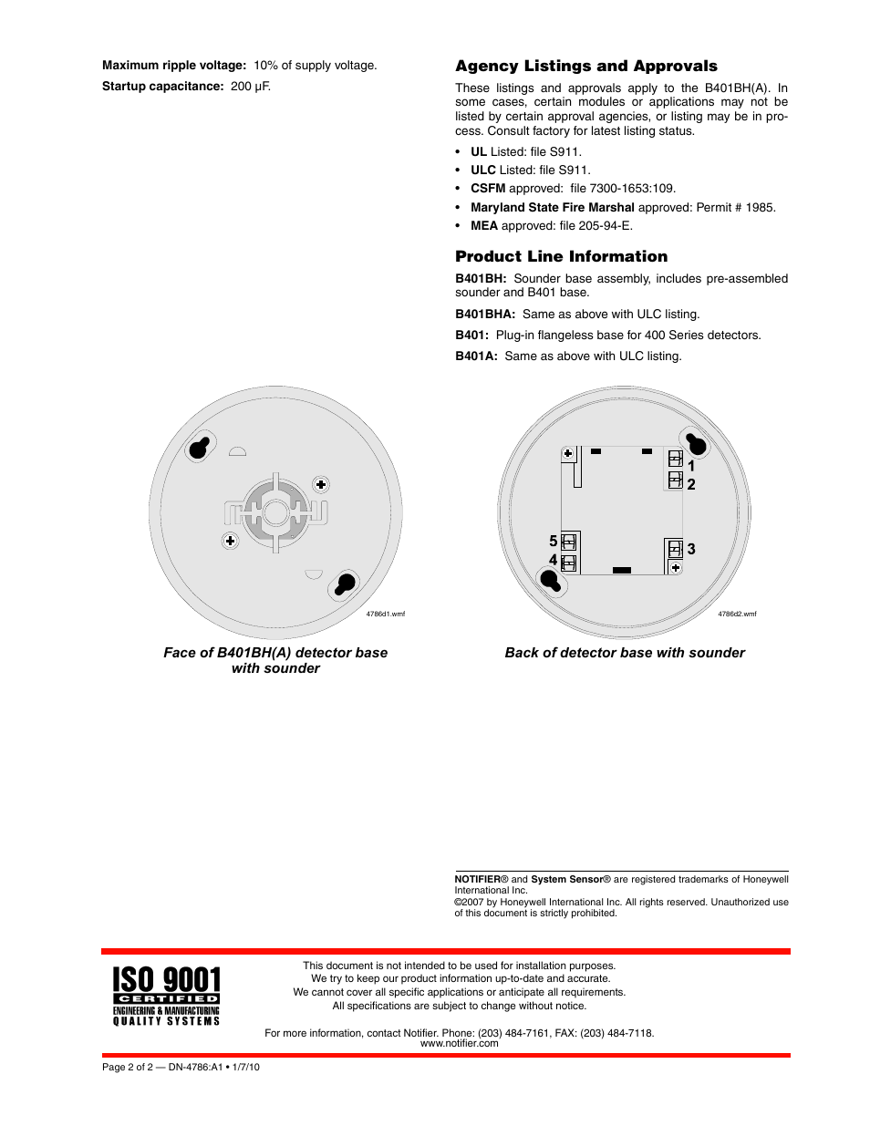 Agency listings and approvals, Product line information | Notifier B401BHA User Manual | Page 2 / 2