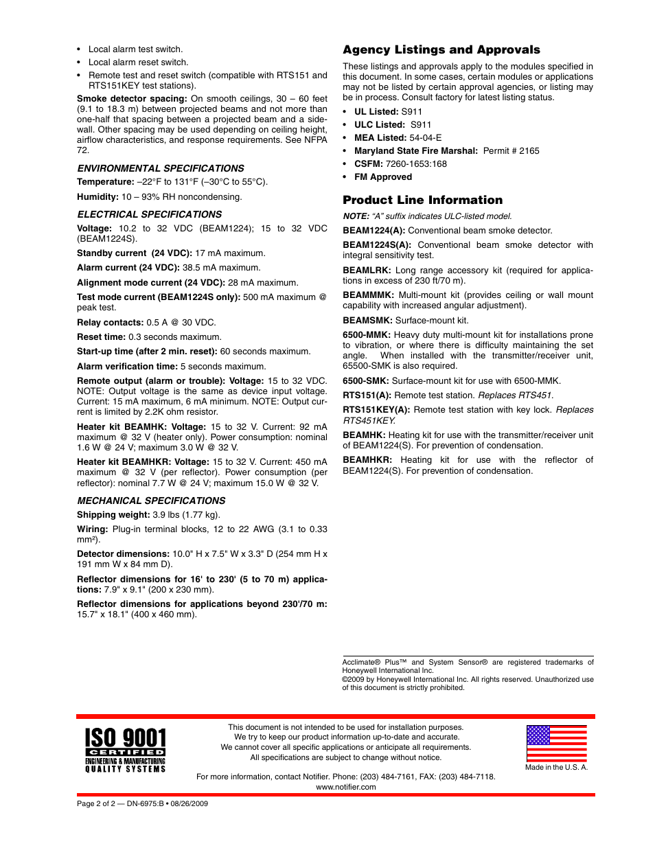 Agency listings and approvals, Product line information | Notifier BEAM1224(S) User Manual | Page 2 / 2