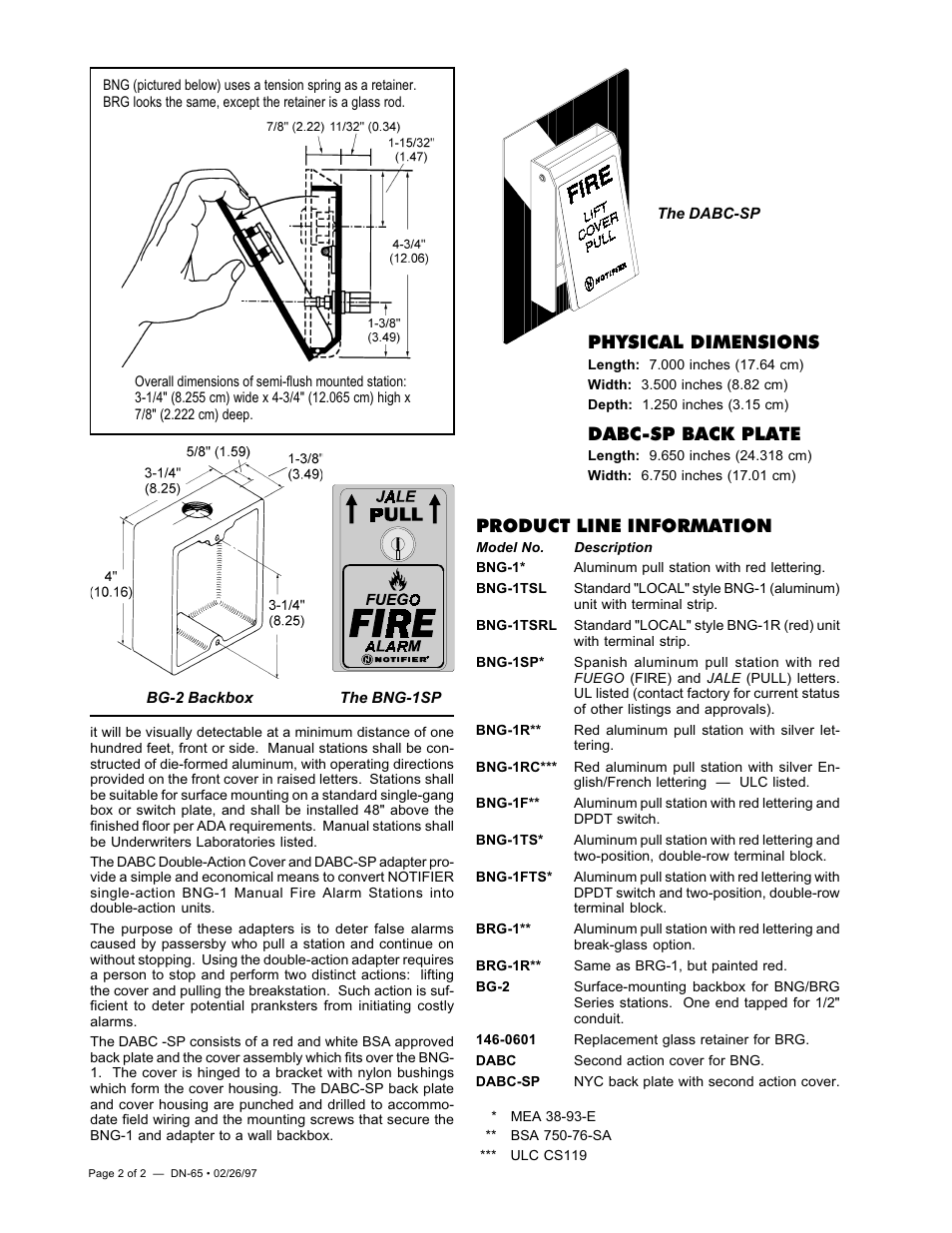 Physical dimensions, Dabc-sp back plate, Product line information | Notifier BRG Series User Manual | Page 2 / 2