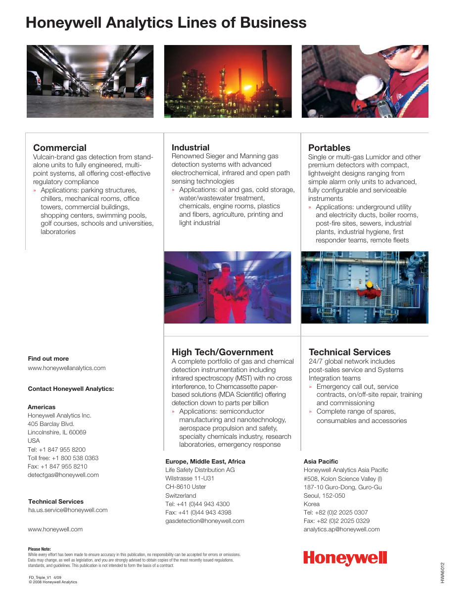 Honeywell analytics lines of business, Commercial, High tech/government | Portables, Technical services, Industrial | Notifier FD Series Triple IR User Manual | Page 4 / 4