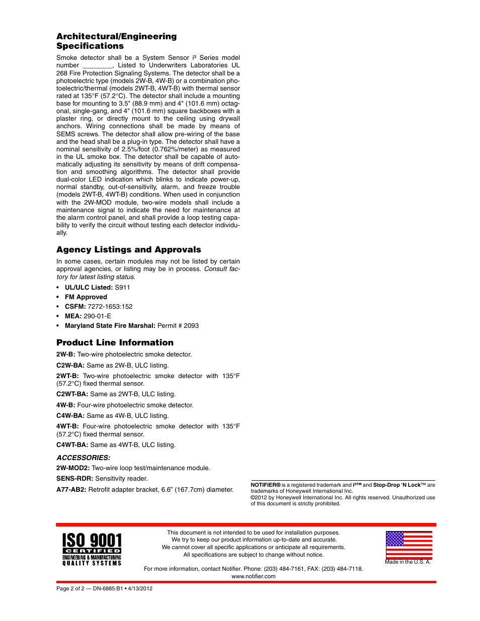 Architectural/engineering specifications, Agency listings and approvals, Product line information | Notifier I3 Series User Manual | Page 2 / 2
