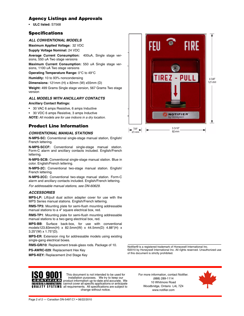 Agency listings and approvals, Specifications, Product line information | Notifier MPS-950 Series User Manual | Page 2 / 2