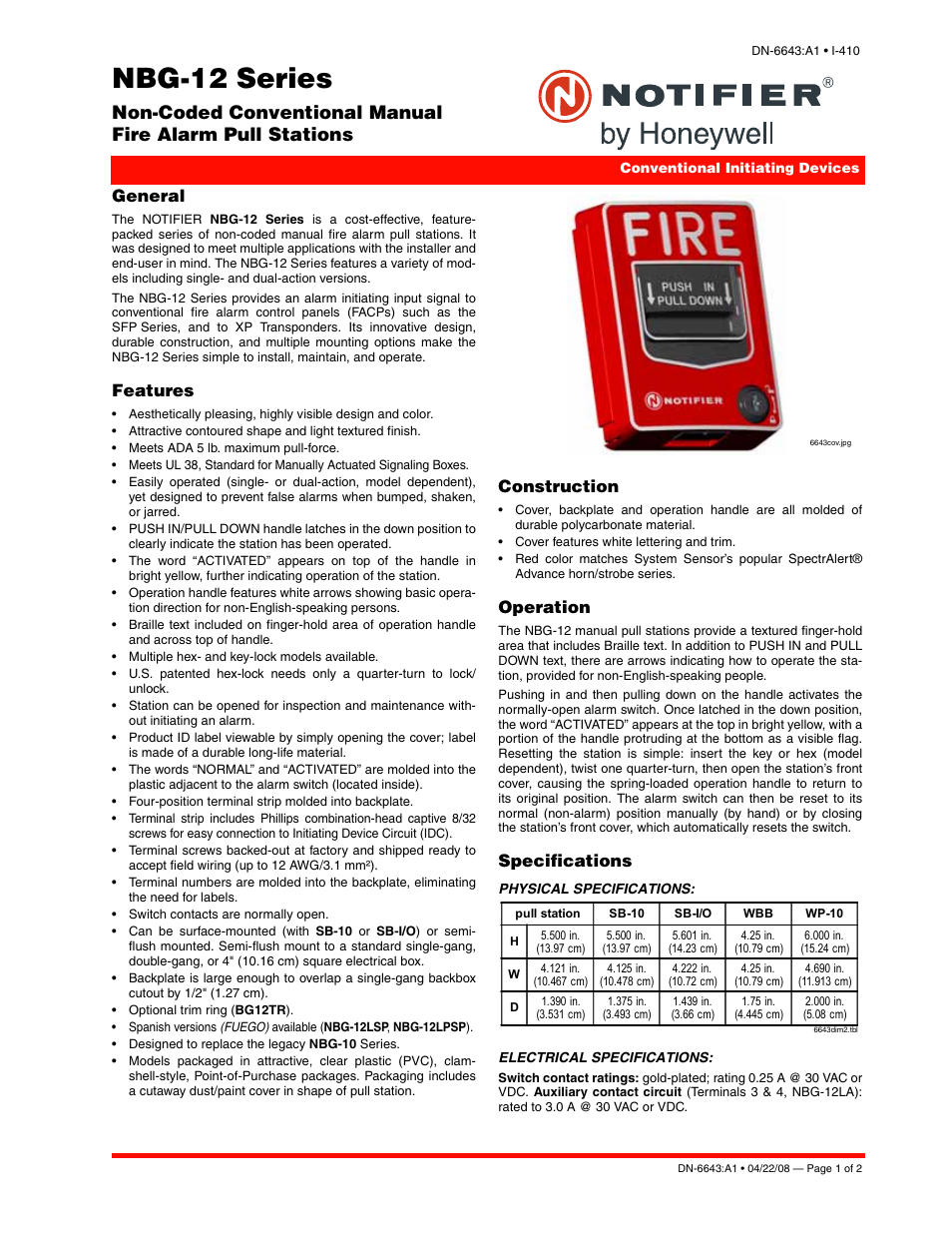 Notifier NBG-12 Series User Manual | 2 pages
