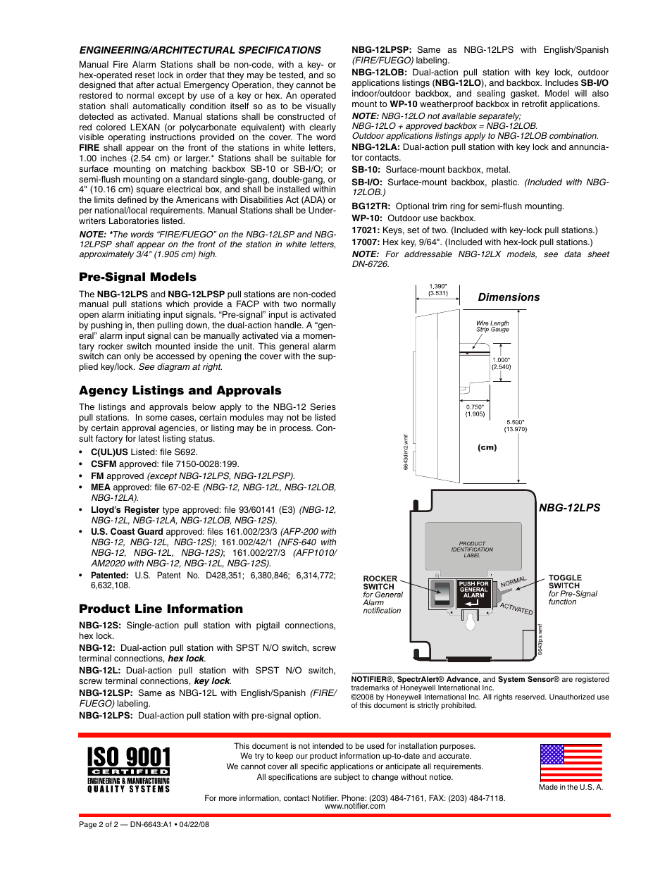 Pre-signal models, Agency listings and approvals, Product line information | Dimensions nbg-12lps | Notifier NBG-12 Series User Manual | Page 2 / 2