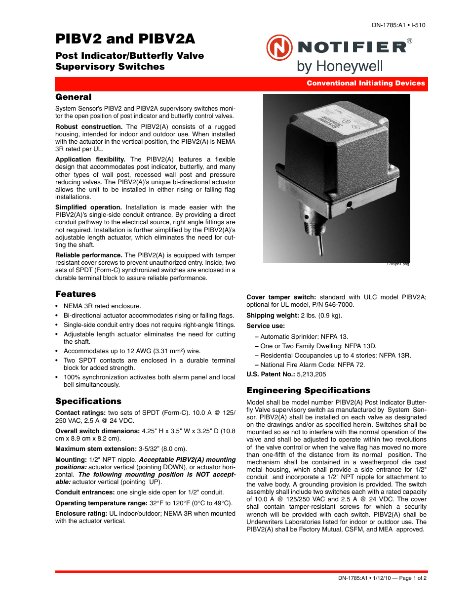 Notifier PIBV2A User Manual | 2 pages