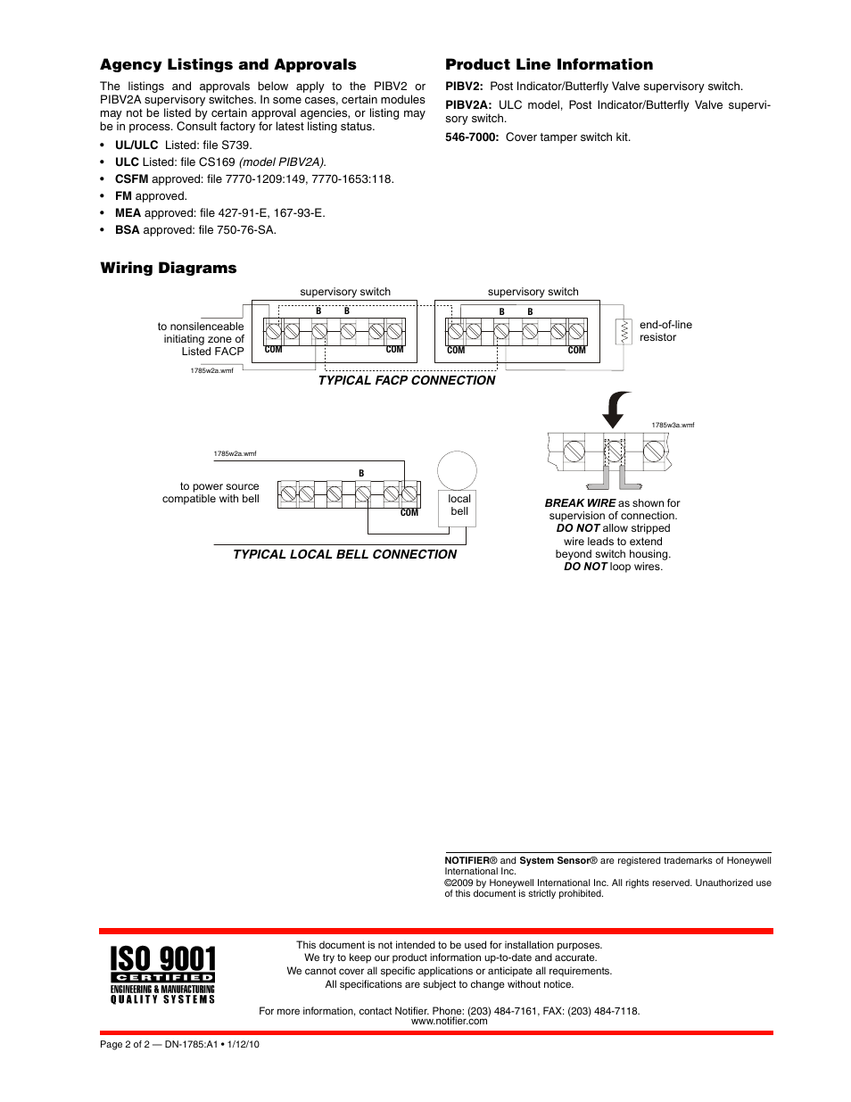 Agency listings and approvals, Product line information, Wiring diagrams | Notifier PIBV2A User Manual | Page 2 / 2