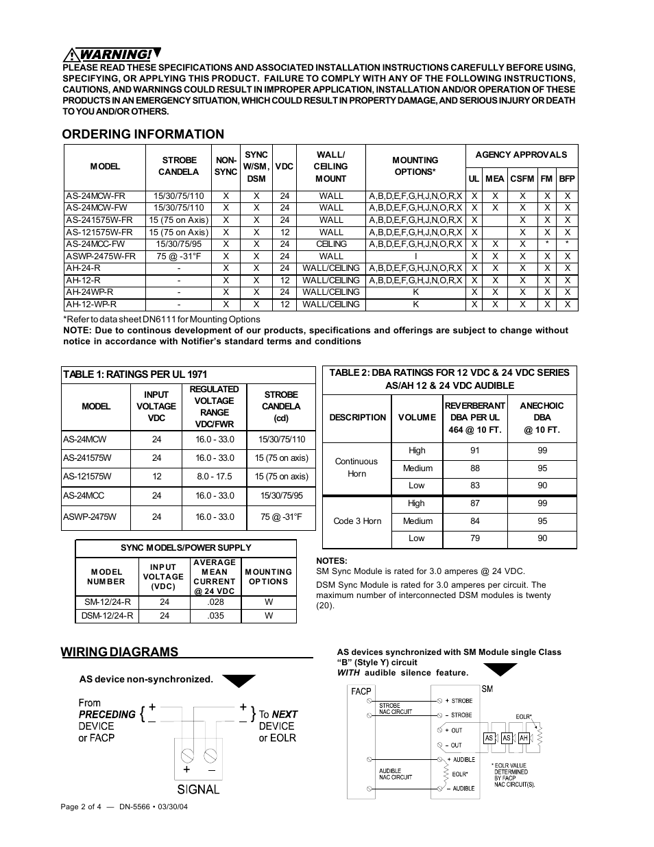 Ordering information, Wiring diagrams | Notifier AH Series User Manual | Page 2 / 4