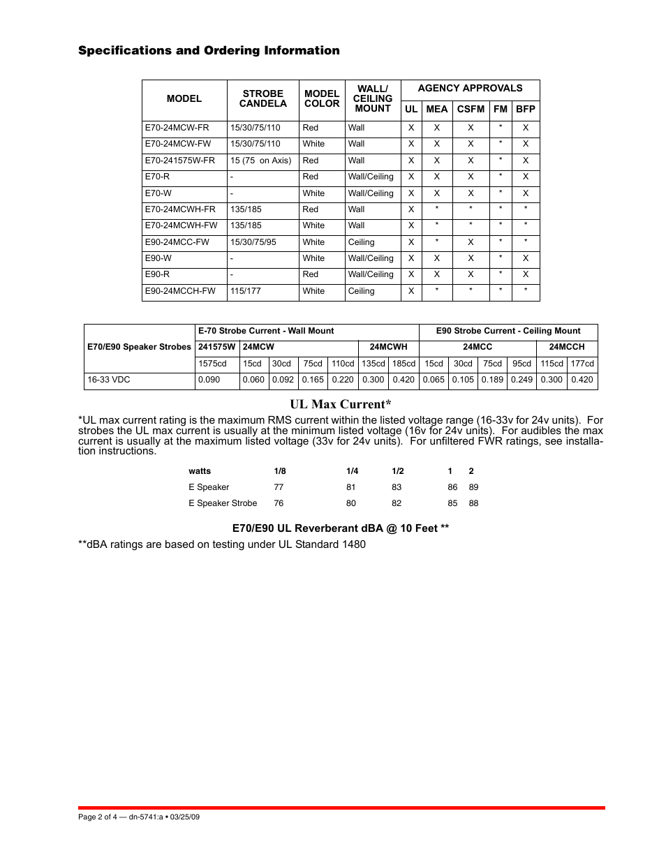 Ul max current, Specifications and ordering information | Notifier E Series User Manual | Page 2 / 4