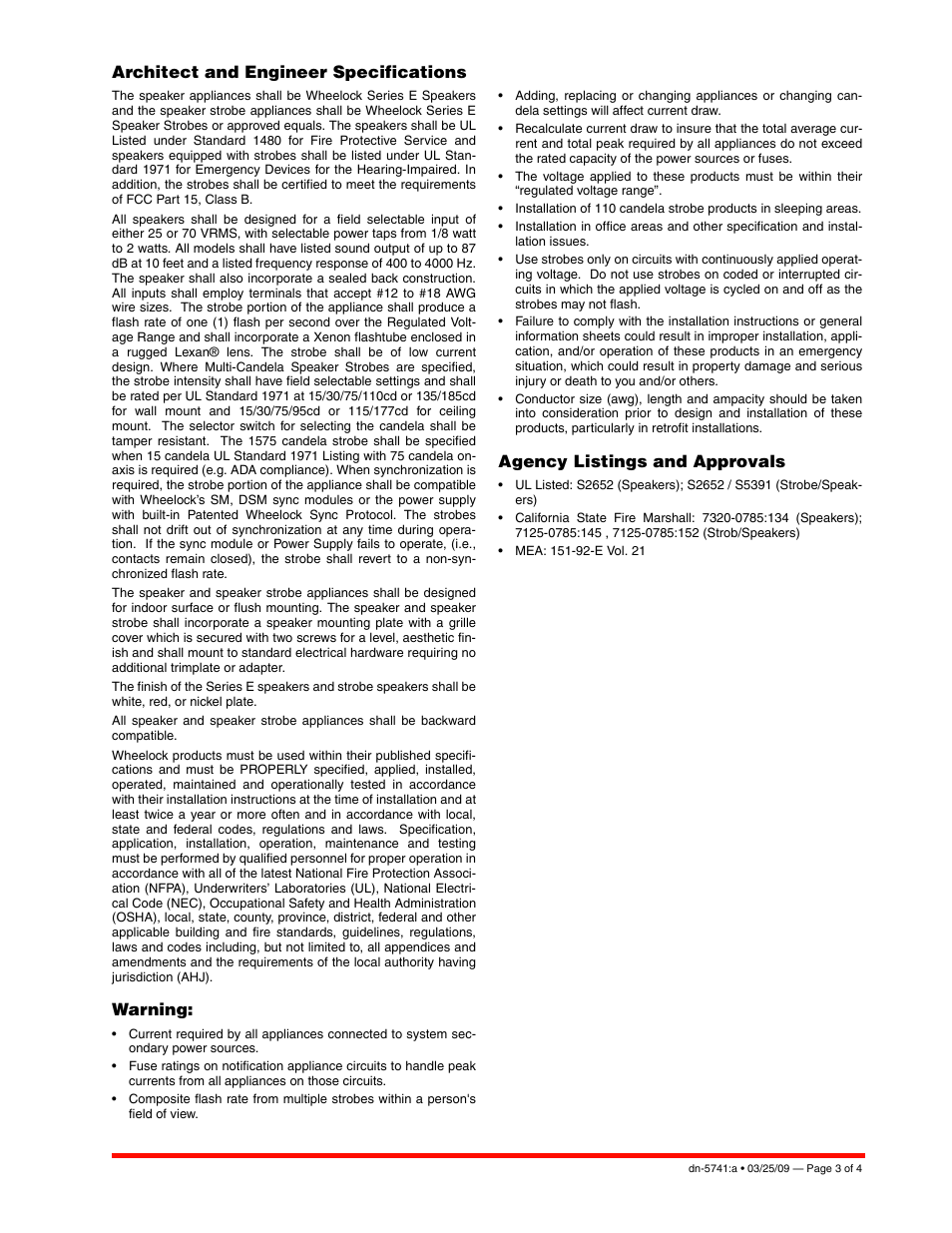 Architect and engineer specifications, Warning, Agency listings and approvals | Notifier E Series User Manual | Page 3 / 4