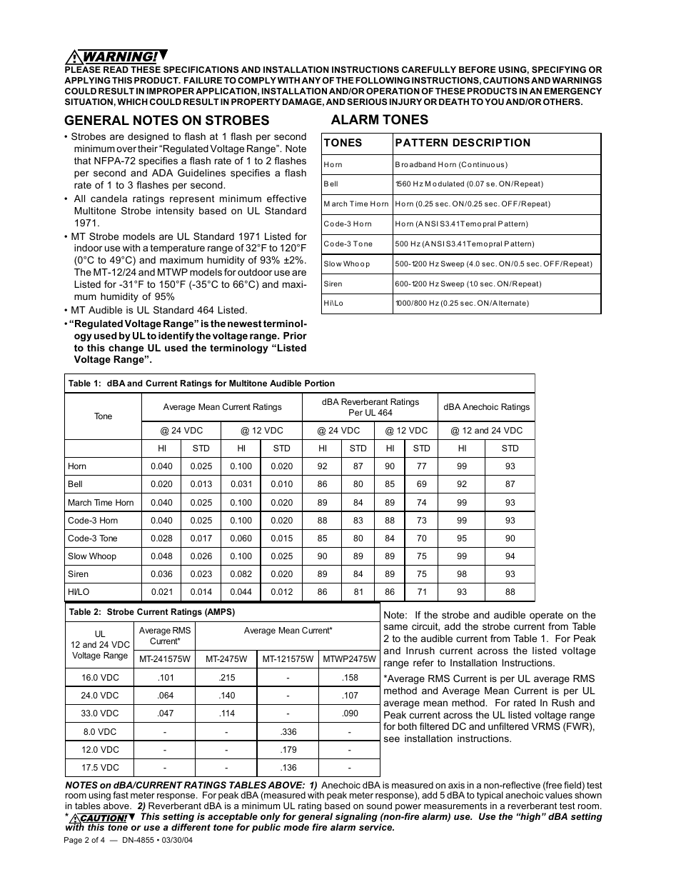 Alarm tones | Notifier Series MT User Manual | Page 2 / 4