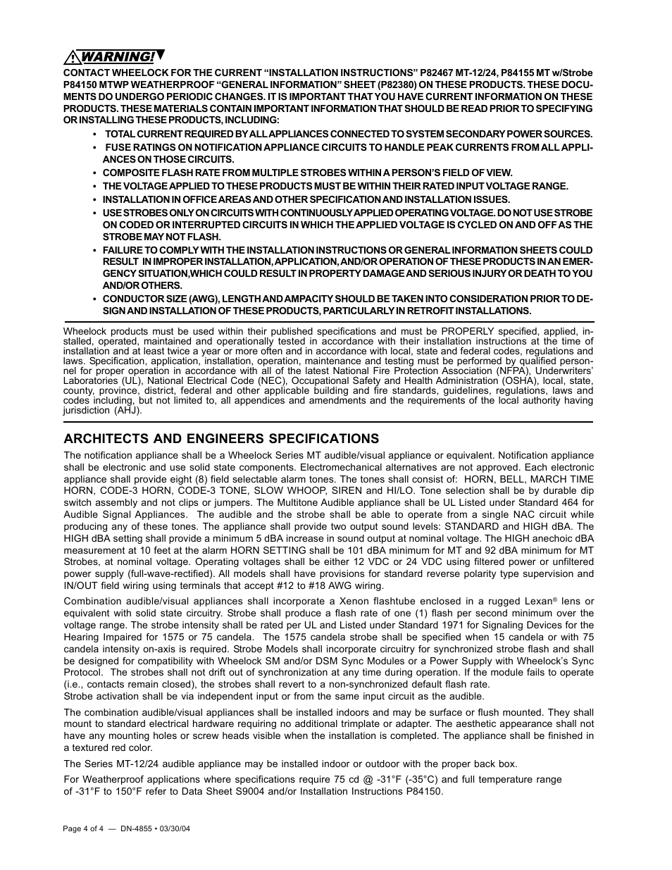 Architects and engineers specifications | Notifier Series MT User Manual | Page 4 / 4