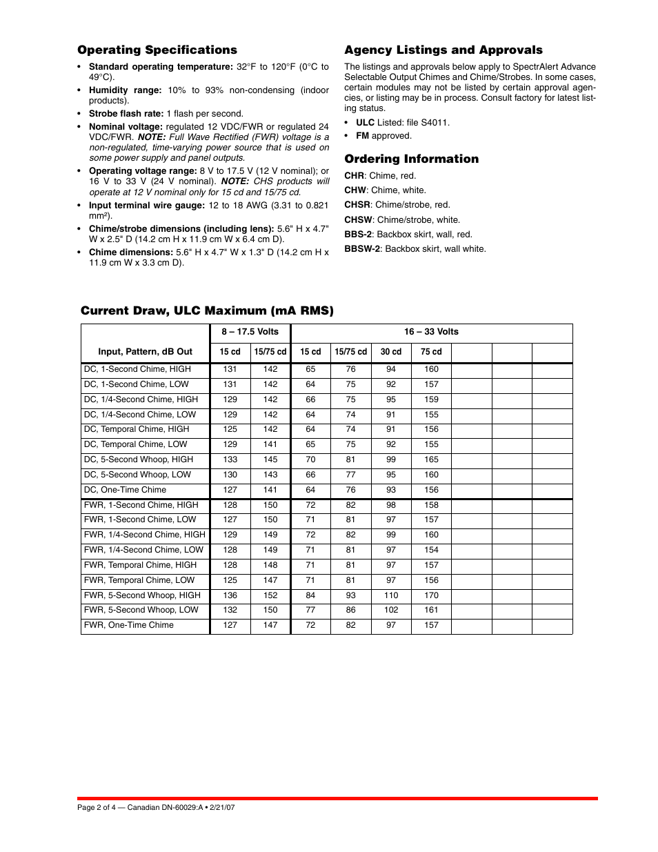 Operating specifications, Agency listings and approvals, Ordering information | Current draw, ulc maximum (ma rms) | Notifier CHW Chimes User Manual | Page 2 / 4